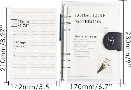 Vista 2 de Carpeta de cuaderno rellenable transparente A5 con 90 hojas de papel rayado en negro, cubierta protectora de PVC transparente suave con 6 anillas