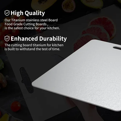 Vista 3 de Tabla de cortar de titanio, tablas de cortar de titanio para cocina, tabla de cortar de acero inoxidable de doble cara, duradera, no tóxica