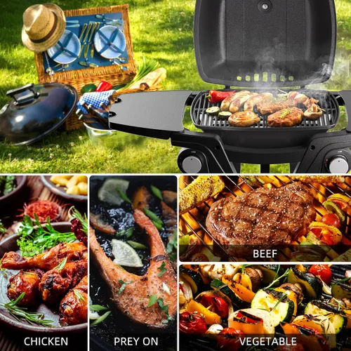 Vista 8 de Parrilla de gas portátil, parrilla de propano portátil, parrilla de gas propano, 24,000 BTU para exteriores, pequeña parrilla de barbacoa con dos