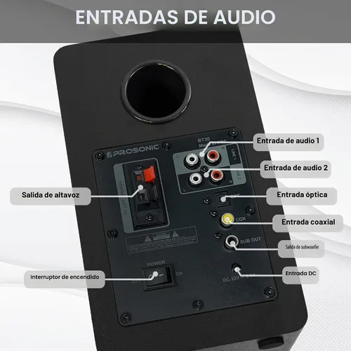 Vista 6 de Prosonic BT30 (versión 2023) Altavoces Bluetooth activos, monitor de estudio, cine en casa, tocadiscos con entrada óptica, entrada coaxial, 2 Negro