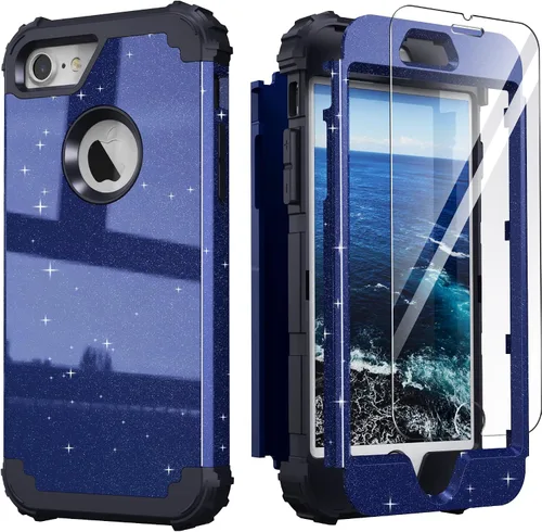 Vista 22 de IDweel Funda para iPhone 8 con Protector de Pantalla de Vidrio Templado, para iPhone 7, 3 en 1, Resistente a Golpes, Delgada, Híbrida, de Servicio