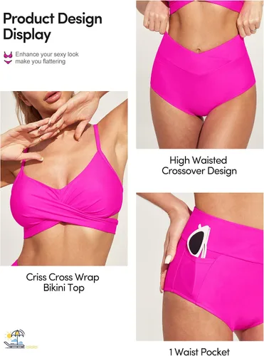 Vista 3 de IUGA Conjuntos de bikini de cintura alta para mujer, trajes de baño de dos piezas con efecto de realce y control de abdomen, trajes de baño