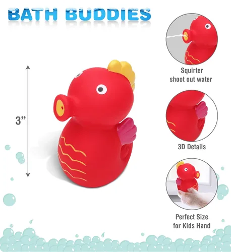 Vista 2 de DolliBu Seahorse Bath Buddy Squirter - Juguete de baño flotante de goma de caballito de mar rojo, divertido juego de baño para niños pequeños, lindo