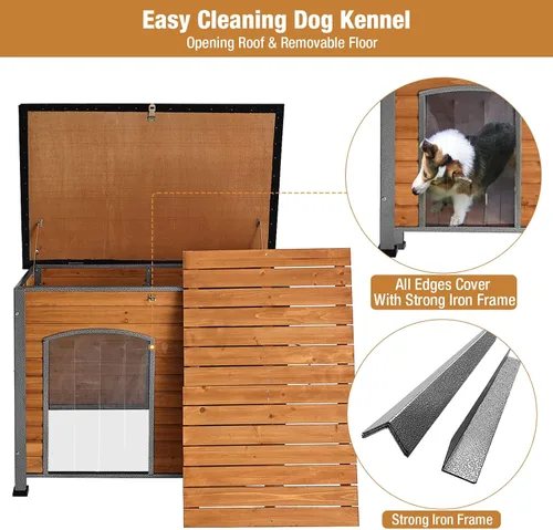 Vista 4 de Casa para perros de tamaño pequeño a grande, refugio para cachorros para interiores y exteriores con suelo elevado, perrera duradera e impermeable