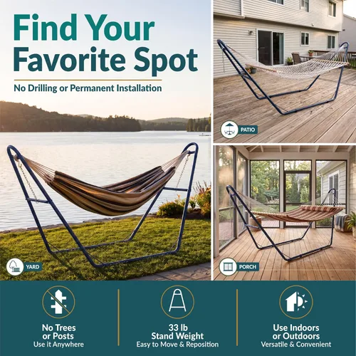Vista 5 de Sunnydaze soporte para hamaca universal multiuso de acero resistente de 550 libras de capacidad, para 2 personas, para hamacas de 9 a 14 pies de Azul