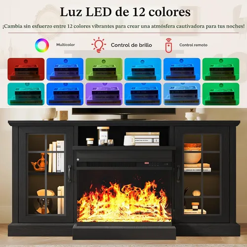 Vista 4 de MXV - Soporte de chimenea para TV de 59 pulgadas, centro de entretenimiento estilo granja con soporte de TV de 3 lados de vidrio, consola multimedia