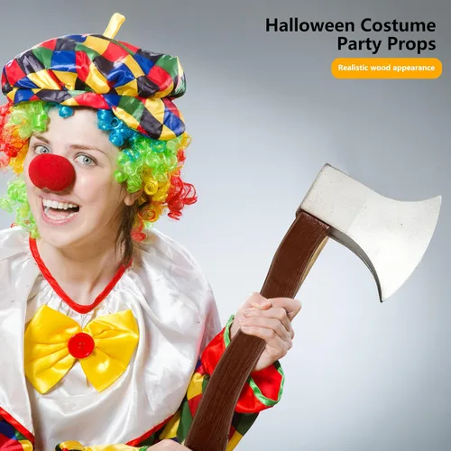 Vista 3 de 4 piezas de juguete de hacha de espuma marrón falso hacha realista hacha para adultos y niños, suministros de fiesta de disfraces de Halloween