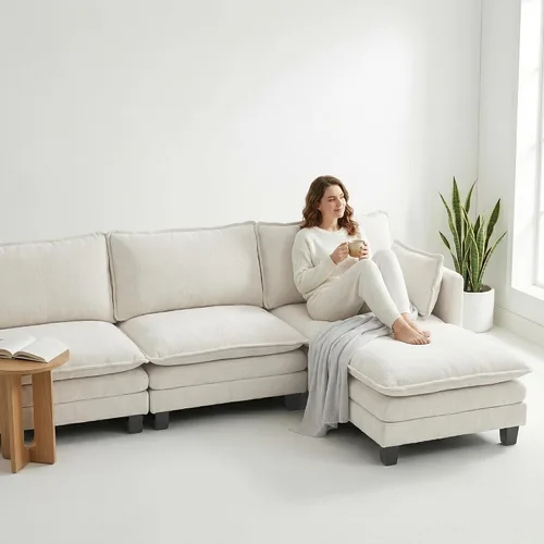 Vista 4 de Sofá modular en forma de L de 102 pulgadas con otomana, sofá de asiento profundo de felpilla de 4 asientos con almohada para sala de estar