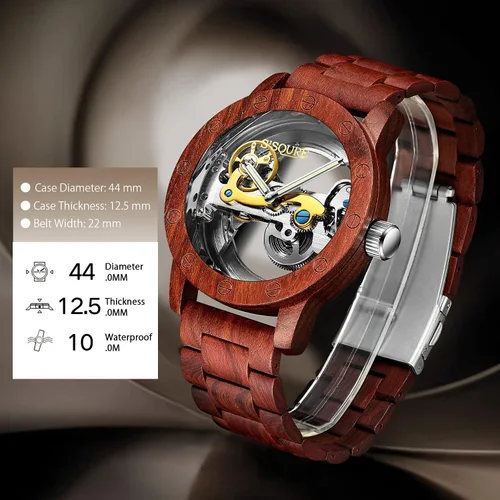 Vista 3 de S2SQURE - Reloj de pulsera para hombre mecánico automático automático de lujo esqueleto steampunk para hombre ligero con banda de madera marrón