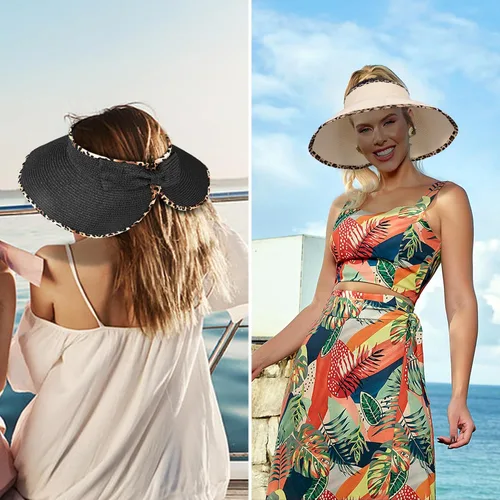 Vista 4 de Sombrero de paja con protección UV, visera de playa, sombrero de ala ancha, estampado de leopardo, enrollable, plegable para mujer