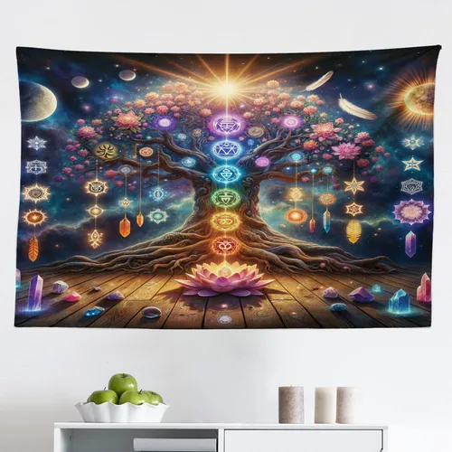 Vista 62 de Ambesonne Tapiz hippie, abrazo de hongos de ensueño y árbol de la vida místico y mandal verde, decoración de tela para colgar en la pared