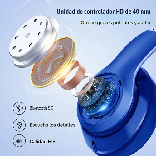 Vista 4 de 9S - Auriculares inalámbricos sobre la oreja Bluetooth, 60 horas de reproducción, estéreo Hi-Fi, 6 modos de EQ, micrófono incorporado, diseño Negro