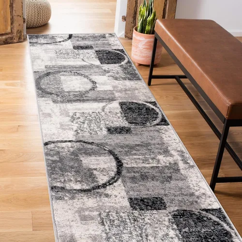 Vista 8 de Rugshop - Alfombra contemporánea con diseño abstracto de círculos, alfombra con respaldo de yute para entrada, cocina o habitación pequeña, marrón