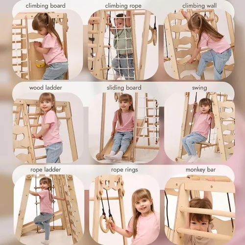 Vista 5 de Goodevas Mejora el marco de escalada interior 9 en 1 para niños, marco de escalada Montessori con tobogán, columpio, pared de escalada, triángulo
