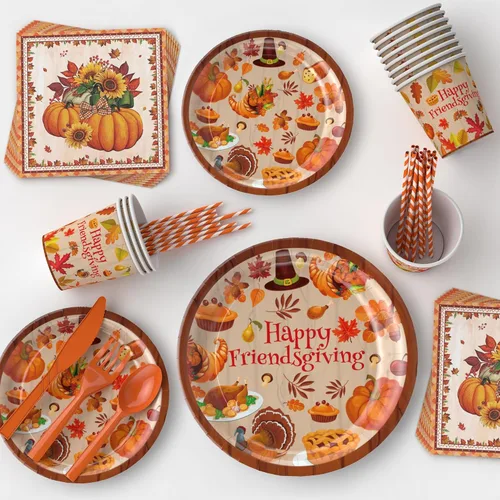 Vista 2 de Decoraciones de fiesta de amigos, decoraciones de regalo de amigos, platos y tazas, servilletas, decoraciones de fiesta de Acción de Gracias