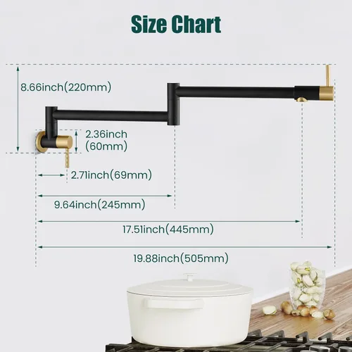 Vista 4 de Heyalan Pot Filler - Llenador de ollas de 19 pulgadas para montaje en pared, plegable, extensible, grifo de cocina/restaurante de acero inoxidable