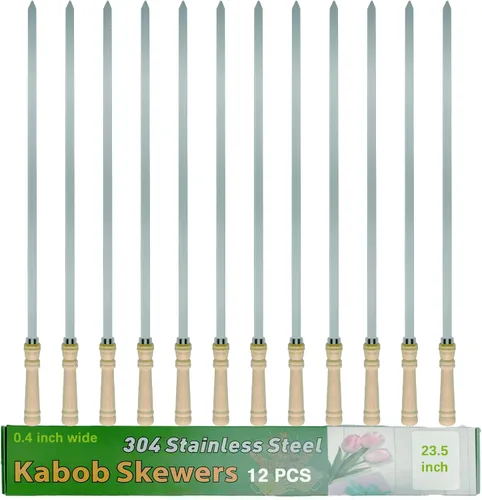 Vista 10 de Brochetas planas de 21.5 pulgadas de largo para brochetas (12 unidades), brochetas de acero inoxidable 304 de 0.4 pulgadas de ancho para asar a