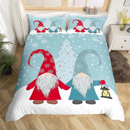 Vista 22 de Erosebridal Juego de ropa de cama de Navidad escandinavos gnomos de Papá Noel, funda de edredón de Papá Noel nevando para niños y niñas, funda