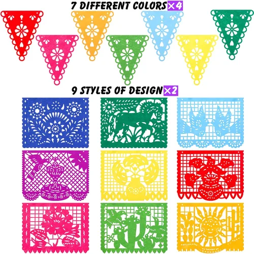 Vista 3 de Qpout Paquete de 4 carteles de decoración de fiesta mexicana, guirnalda de fieltro del día de los muertos, colorido cartel mexicano para fiesta