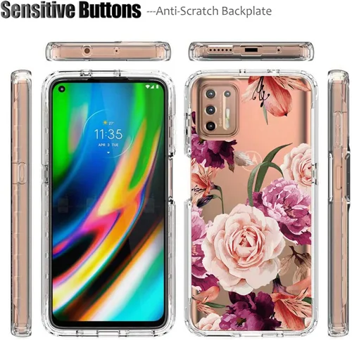 Vista 5 de Funda para Moto G9 Plus, Motorola G9+ XT2087-1 con protector de pantalla de vidrio templado, funda protectora de cuerpo completo con patrón floral