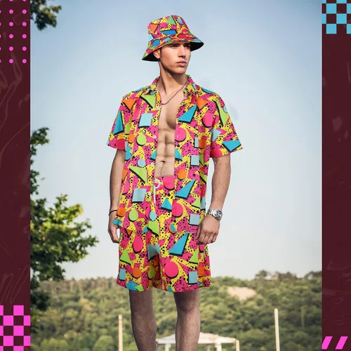 Vista 5 de Conjunto de 2 piezas de camisa y pantalones cortos retro de los años 80 y 90 con sombrero, trajes de playa hawaianos para hombres, fiesta