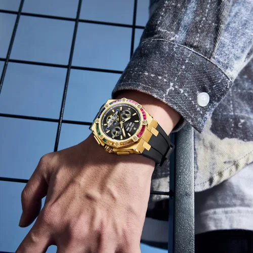 Vista 2 de Diamond Skeleton Mens Watches Automatic Mechanical Luxury Watch Sapphire Crystal Waterproof Luminous Wristwatch Silicone Band