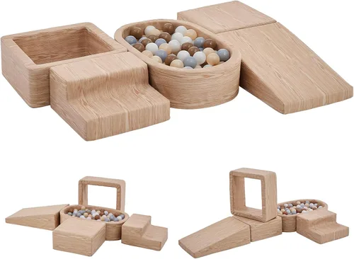 Vista 7 de JungleDove Juego de bloques de escalada de espuma suave para niños pequeños – 5 piezas ovaladas de bolas y estructura de juego con cuero crema