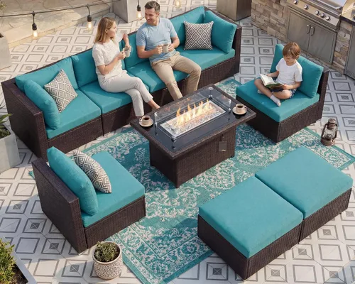 Vista 49 de NICESOUL Juego de muebles de patio de ratán extra grande con mesa para fogata de gas y propano, 29.3 pulgadas, respaldo alto, cómodos conversaciones