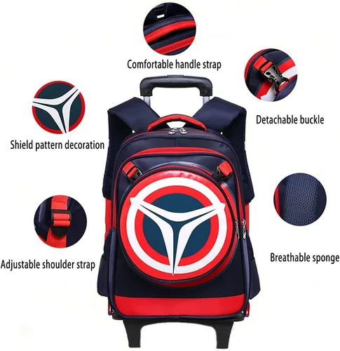 Vista 3 de Mochila escolar ligera para niños y niñas, escudo de superhéroe desmontable dos en uno, mochila rodante con seis ruedas, Azul Marino, misma