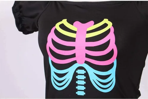 Vista 4 de LMYOVE Disfraz de esqueleto para niñas, vestido tutú de Helloween Funky Punk Bones para niñas