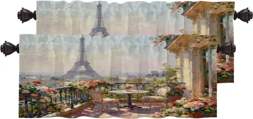 Vista 134 de Cortinas opacas de cocina con pintura al óleo de Europa rosa y negra para ventanas, cenefas opacas modernas de torre Eiffel de poliéster multicapa