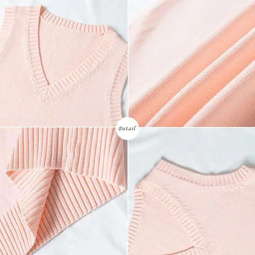 Vista 2 de Blostirno Chaleco de suéter para mujer, cuello en V, uniforme JK, chalecos Kint, sólido, clásico, sin mangas, suéteres