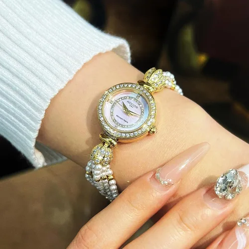 Vista 5 de Reloj de pulsera de oro para mujer, correa de cadena de perlas giratoria, esfera deslumbrante, impermeable, regalo para mujer R0262JF