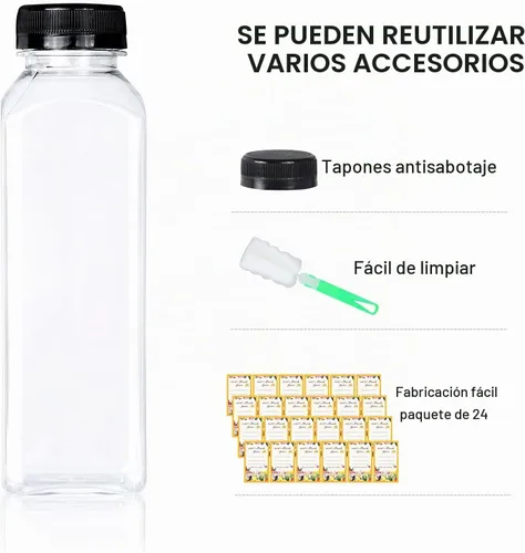 Vista 5 de DANALLAN 24 botellas vacías de jugo de 12 onzas con tapas, botellas de plástico reutilizables de primera calidad, contenedor de jugo, tapas negras