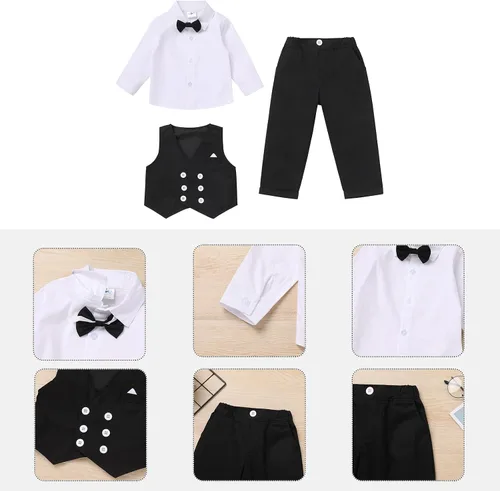 Vista 41 de IDOPIP Trajes de otoño e invierno para niños pequeños, camisa de manga larga con corbatín + chaleco + pantalones largos, overoles