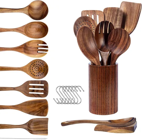 Vista 9 de Cuchara de madera de teca prémium para cocinar, juego de utensilios de cocina de madera antiadherentes de 10 piezas, cucharas de madera resistentes