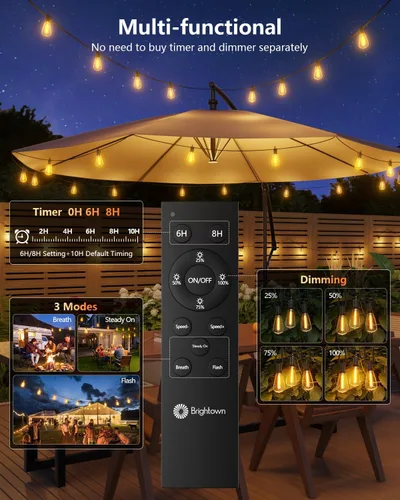 Vista 5 de Brightown Guirnalda de luces solares de 37 pies para exteriores, impermeable, con control remoto, 10+1 bombillas LED inastillables, regulables