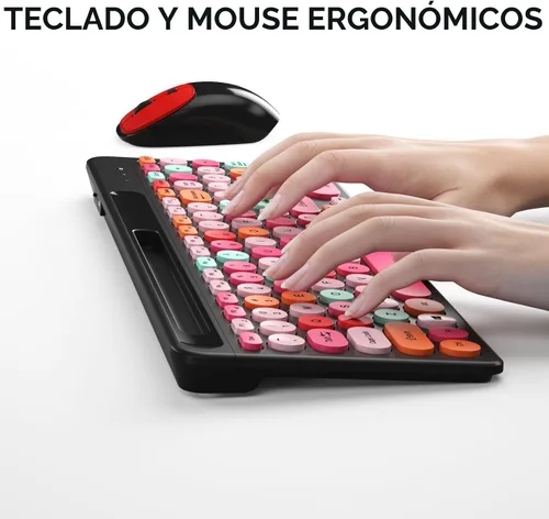 Vista 7 de Combo de teclado y mouse inalámbricos estilo máquina de escribir retro con teclas redondas, teclado inalámbrico USB compacto de 2.4GHz bonito
