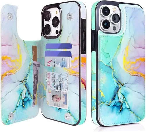 Vista 48 de uCOLOR - Funda tipo cartera para iPhone 15 con tarjetero y diseño de lunares con leche de almendra Bloqueo RFID de piel sintética para mujeres