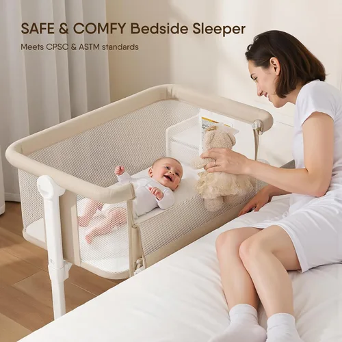 Vista 3 de Cuna para Dormir al Lado de la Cama - Diseño Completamente de Malla, Cuna Portátil al Lado de la Cama para Bebé con Colchón Lavable, 5 Alturas Beige