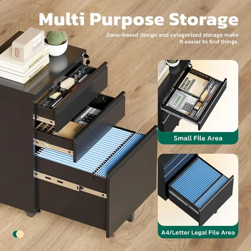 Vista 5 de Greenvelly Archivador móvil de 3 cajones con cerradura, archivador de metal sobre ruedas, archivador debajo del escritorio para organizador de Negro