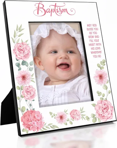 Vista 9 de KATE POSH Marco de fotos de bautismo para niña, decoración de flores rosas, bautizo, regalo religisoso, de padrinos, bebé nuevo (4 x 6 horizontal)