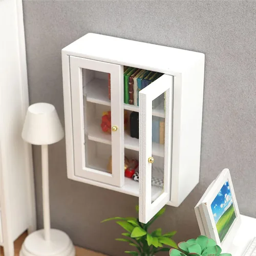 Vista 3 de Gabinete de pared para casa de muñecas 1:12, gabinete de cocina miniatura de madera para accesorios de casa de muñecas (blanco)