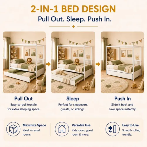 Vista 10 de NAFORT Cama con dosel de tamaño matrimonial con nido, marco de madera maciza para niños y adolescentes, soporte resistente de 600 libras, cama