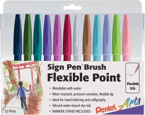 Vista 2 de Pentel Arts Sign Pen Touch, punta de pincel Fude, colores de moda, paquete de 6 (SES15CBP6M1)