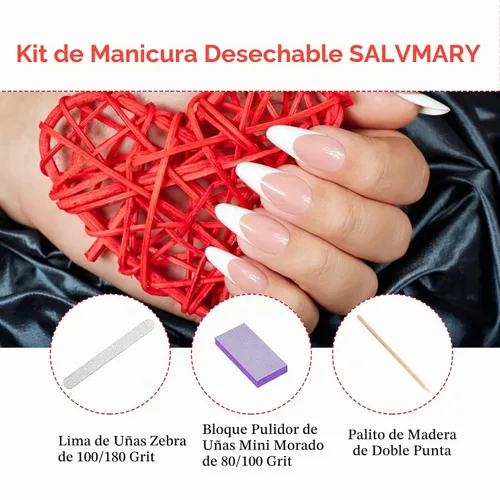 Vista 3 de Kit básico profesional desechable para manicura de 3 piezas, lima de uñas de madera grano 100/180, mini pulidor grano 80/100, palo de madera, juego