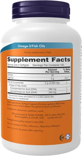 Vista 2 de NOW Foods Suplementos, Omega-3 180 EPA / 120 DHA, destilado molecularmente, apoyo cardiovascular*, 200 cápsulas blandas