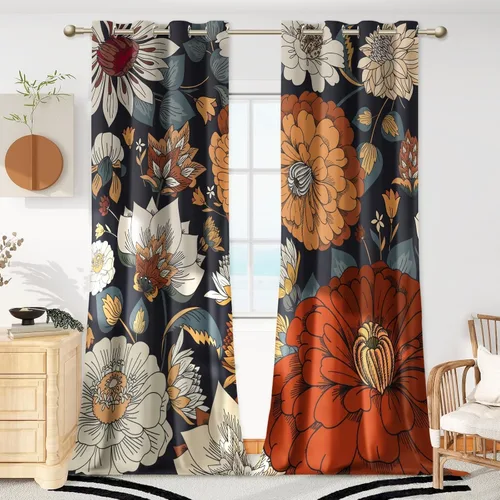 Vista 30 de Tyrot - Cortinas bohemias florales 100% opacas para dormitorio de 63 pulgadas de largo, 2 paneles. Cortinas botánicas de mediados de siglo