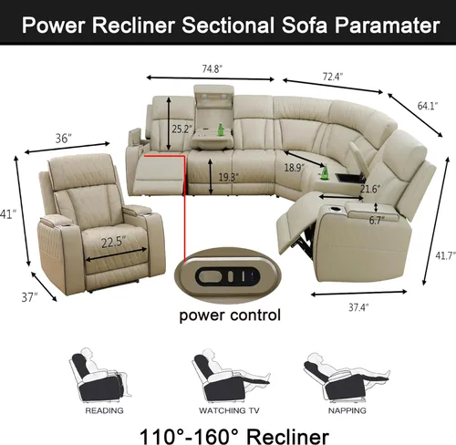 Vista 2 de Juego de sofá seccional reclinable de cuero, sofá seccional con 4 sillones reclinables Juegos de muebles de sala con 3 reclinables, luz LED