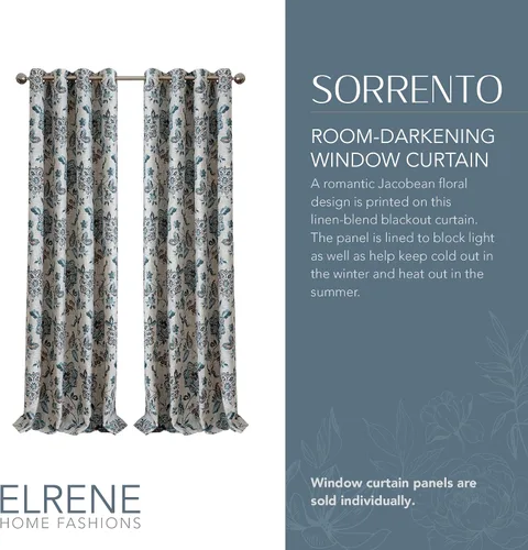 Vista 2 de Elrene Home Fashions Sorrento - Cortina de ventana con diseño floral jacobeo para oscurecer la habitación, 52 x 95 pulgadas, azul/gris pardo